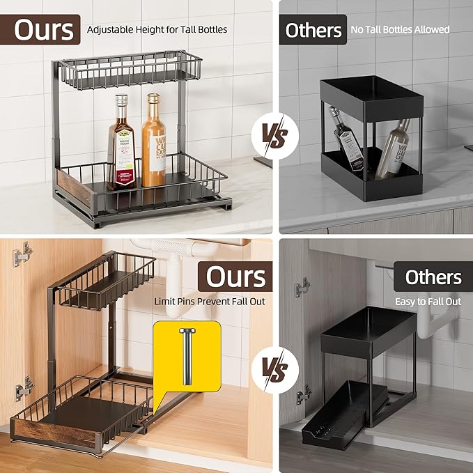 Delamu 2 Pack Under Sink Organizer and Storage, Height Adjustable Under Kitchen Sink Organizer, 2 Tier Pull Out Under Cabinet Organizer, Black Under Counter Storage for Kitchen Bathroom-NeatNest