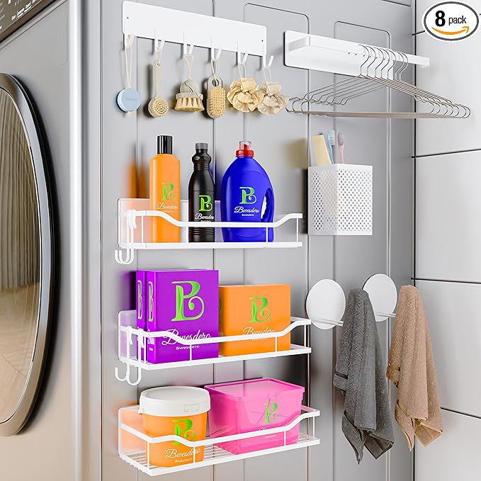 Heavy Duty Magnetic Shelves for Washer Dryer & Refrigerator - 11LB No-Slip Laundry Organizer, Rust-Proof Fridge Spice Rack with Hooks (8 Pack, White)