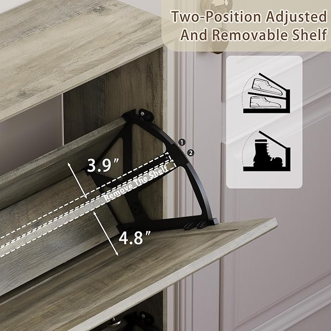 3 Flips Shoe Cabinet for Entryway, Narrow Shoe Storage Cabinet with Adjustable Shelves, Wooden Space-Saving Organizer and Rack for Foyer, Closet, Hallway