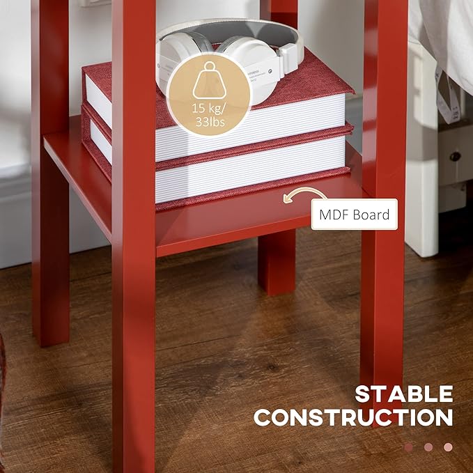 HOMCOM 2-Tier Side Table with Drawer, Narrow End Table with Bottom Shelf, for Living Room, Set of 1, Red