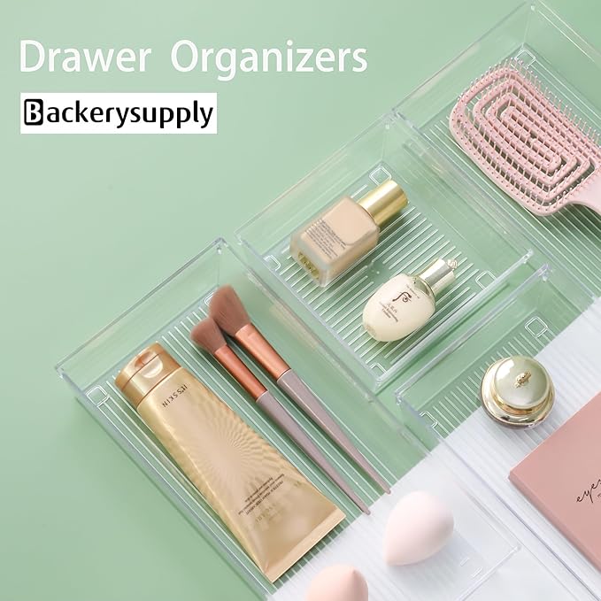 Backerysupply 4 Pack Storage Bins For Bathroom Cosmetic Makeup Vanity Clear Plastic Desk Drawer Organizers Tray Kitchen Utensils Silverware Dividers 15"x6"x2"-NeatNest