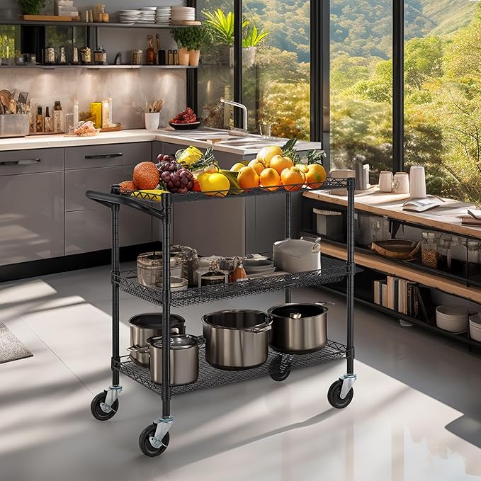 Finnhomy 3 Tier Heavy Duty Commercial Grade Utility Cart, Wire Rolling Metal Trolley with Handle Bar, Steel Kitchen Service Cart with Wheels, Food Storage Trolley on Wheels, NSF Listed, Black