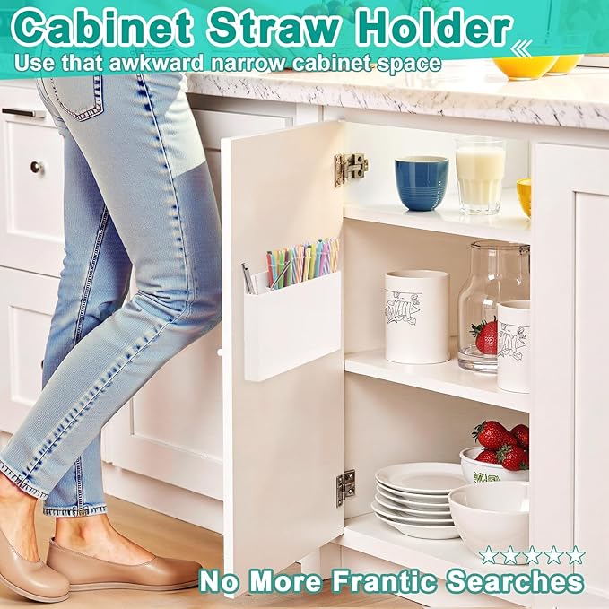 Acrylic Straw Holder for Cabinet Door, Reusable Straw Organizer with Removal Adhesive Tapes, Magnetic Mount, Drinking Straw Storage Container for Kitchen Bar Counter Cupboard 1 Pack