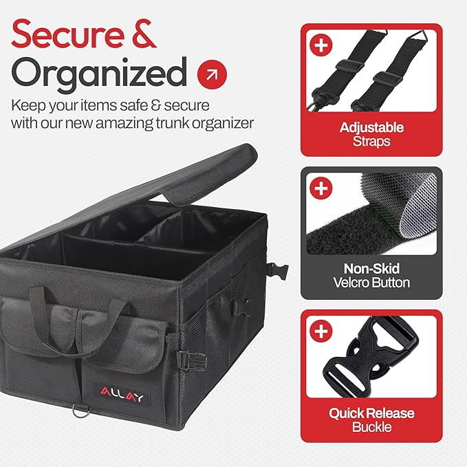 ALLAY Trunk Organizer for Car with Lid – Foldable SUV Trunk Organizer – Multi-Compartment Car Box and Storage – 800D Oxford Truck Bed Shelf with Securing Straps, Non-Slip Bottom 65L