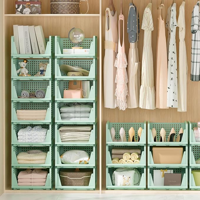 Closet Organizer, 4 Pack Stackable Storage Bins for Closet Shelves, Plastic Storage Drawers Basket Weekly Clothes Organizer for Kids(4L)(Green)