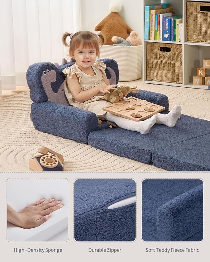 Blissful Diary Kids Couch, 2-in-1 Soft Toddler Couch Fold Out, Toddler Chair Comfy, Convertible Sofa to Lounger, Kids Furniture for Playroom, Gift for Birthday, Children's Day, Blue Dinosaur-NeatNest