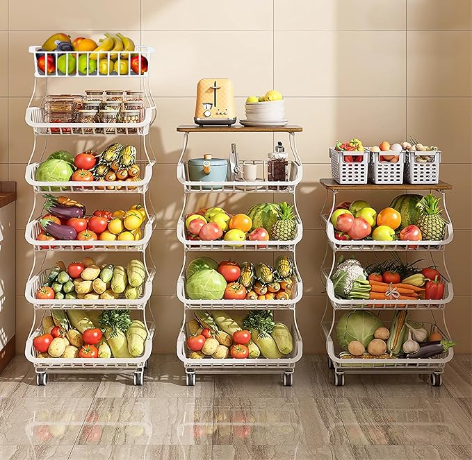 MURRI&MURRDI Fruit Vegetable Storage Basket with Wheels, 6 Tier Stackable Wire Storage Baskets with Wheels Produce Basket for Kitchen Rack Storage Cart for Pantry 6 Tier Fruit Stand (A White)