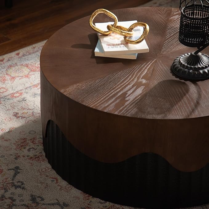 30.31" Round Coffee Table for Living Room Circle Coffee Table Modern Fluted Coffee Tables Cake Center Tables for Apartment No Assembly Black & Brown