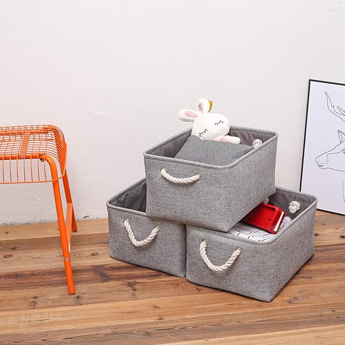 Fabric Storage Basket Set of 3, Foldable Linen Storage Box for Nursery and Home, Collapsible Canvas Shelf Basket for Wardrobe or Bedroom, Grey