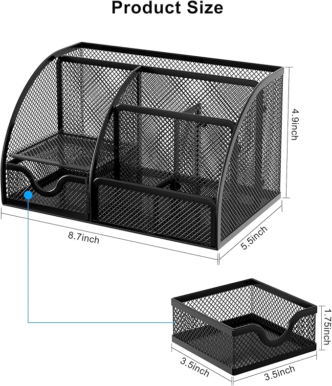 EasyPAG Mesh Desk Organizer, Multi-functional Stationery Organizer for School Supplies, Office Pen Holder for Desk, 6 Compartments Dorm Organization with Drawer, Black