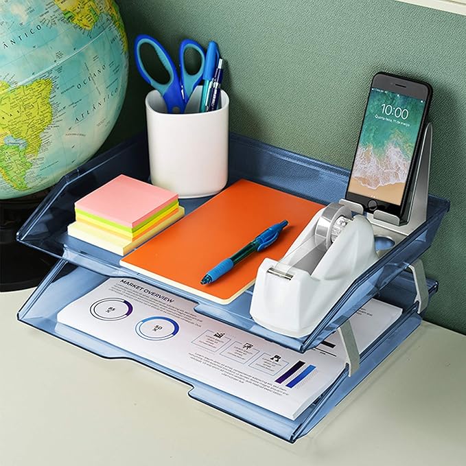 Acrimet Facility 2 Tier Letter Tray, Side Load, Letter Size/A4, Desktop File Organizer, Plastic (Clear Blue Color)-NeatNest