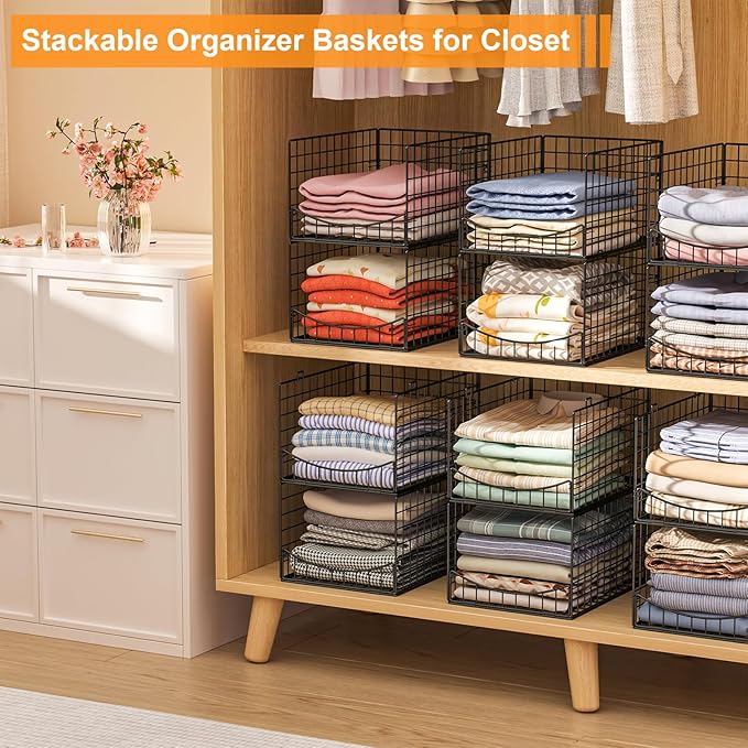 4-Tier Stackable Closet Organizers and Storage Shelves, Clothes Storage Basket, Clothes Shelf Organizer Sweater Organizer Bins Container for Wardrobe Kitchen Bathroom Office, Black