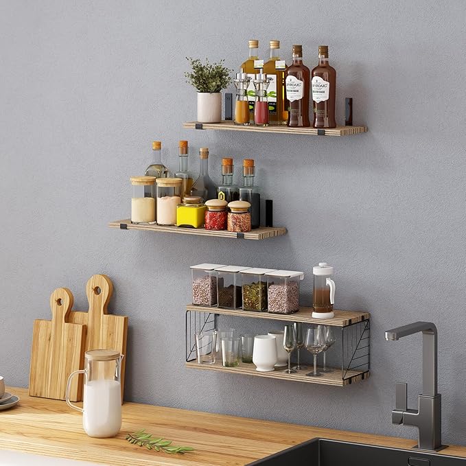Fixwal 3+1 Tier Bathroom Floating Shelves Over Toilet, 15.8in Farmhouse Rustic Wood Shelves, Wall Decor for Bathroom, Living Room,Bedroom and Kitchen (Rustic Brown)-NeatNest