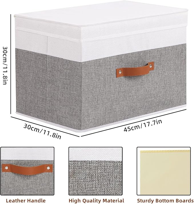 Fabric Storage Boxes with Lids, Linen Foldable Cloth Baskets, 17.7 x 11.8 x 11.8 Inch Closet Organizer Containers with Double Handles, Sweater Bins for Bedroom, White and Grey, 1 Pack-NeatNest