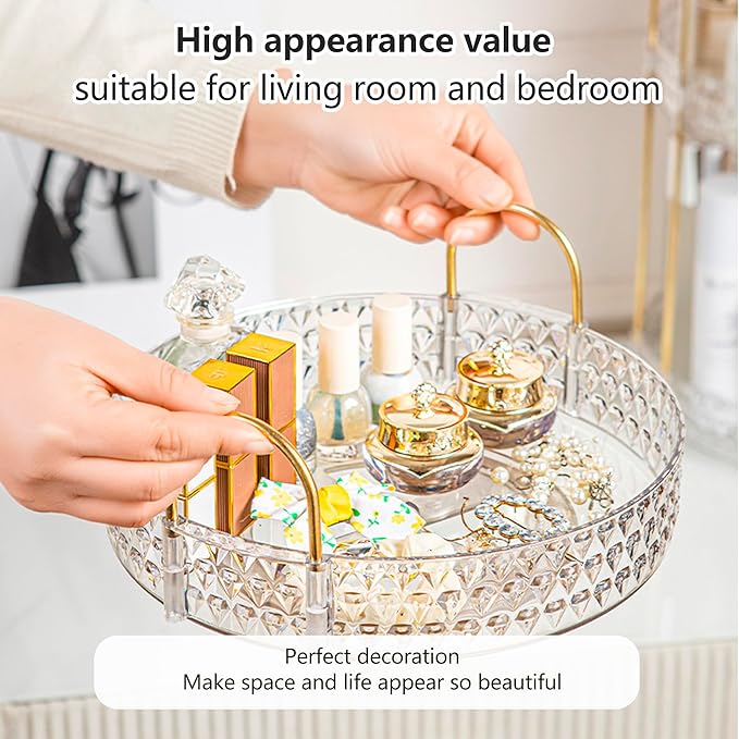 Rotating Makeup Organizer, 2-Tier Vanity Perfume and Skincare Display Shelf, Clear Cosmetic Storage Rack for Bathroom Counter or Dresser (White)