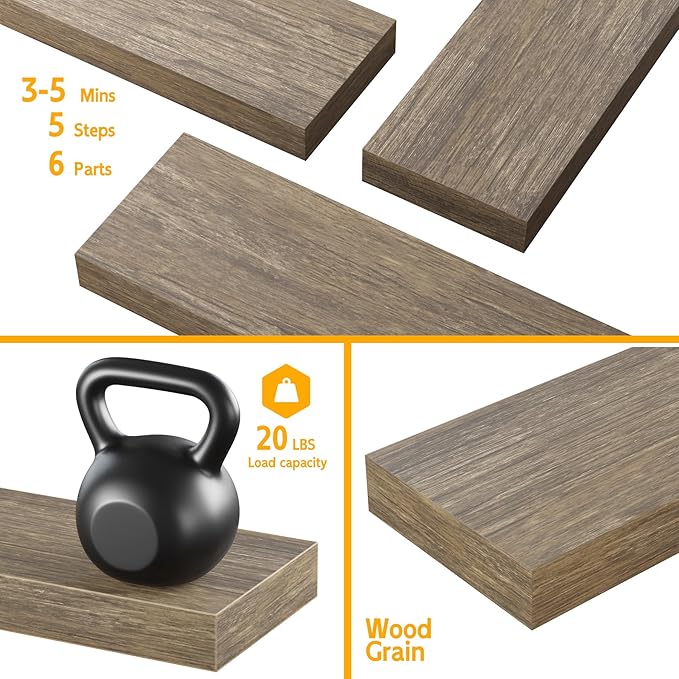 BAMEOS Floating Shelves,Wall Mounted Wooden Shelves with Invisible Brackets Set of 2, Hanging Wall Shelves Decoration for Bedroom, Bathroom, Living Room and Kitchen-NeatNest