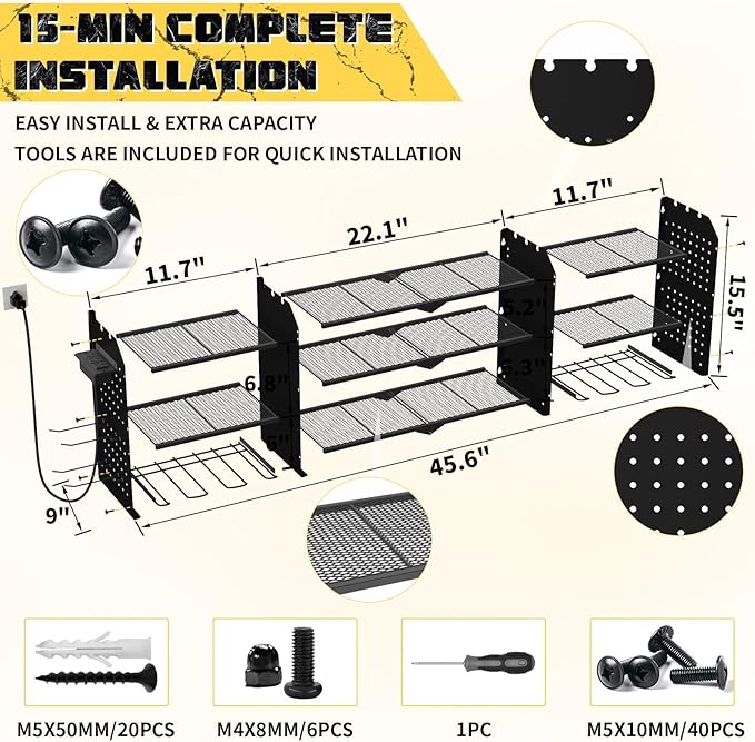 45" Large Power Tool Organizer Wall Mount with Charging Station - 3 Layer Storage Racks with 8 Cordless Drill Holder, 4 Hooks, Heavy Duty Garage Tool Organizer Storage for Workshop Pegboard Basement