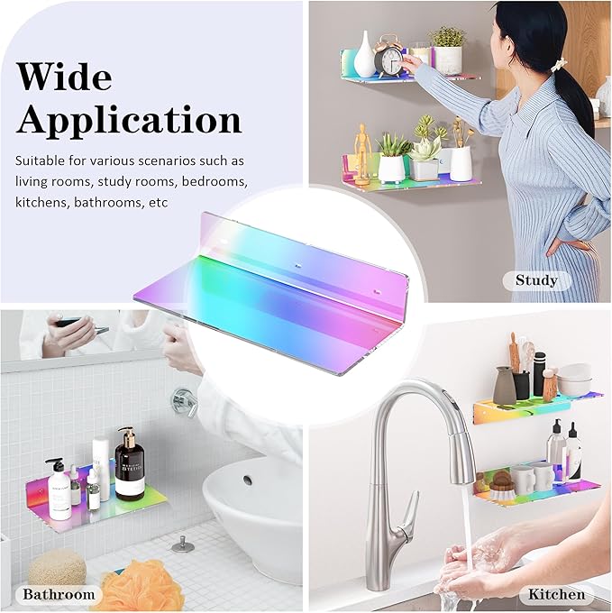 12 Inches Iridescent Acrylic Wall Shelves Set of 2, White Floating Shelf, Wall Mounted Shelves for Funko Pop Shelves, Smart Speaker, Plants, Picture Frame, Digital Clock, 2 Pack-NeatNest