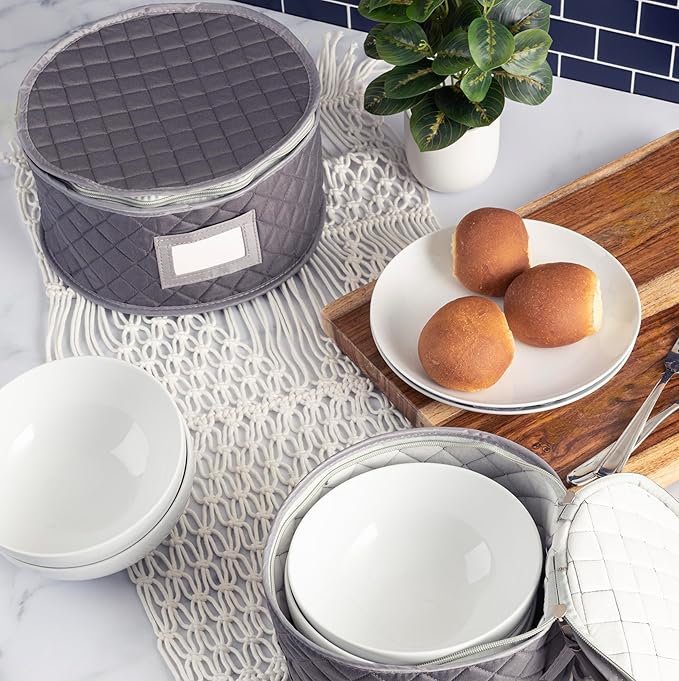 Fine China Storage - Set of 4 Quilted Cases for Dinnerware Storage. Sizes: 12" - 10" - 8" and 7" Wide - Gray - 48 Felt Plate Separators Included-NeatNest