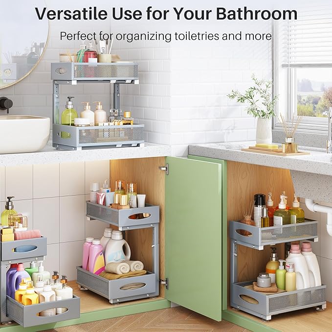 Under Sink Organizer, 2 Pack 2 Tier Pull out Cabinet Organizer Baskets with Mesh Sliding Drawers, Slide out Sink Storage Shelves for Home, Kitchen, Bathroom, Pantry, Office Organizers and Storag,Grey-NeatNest