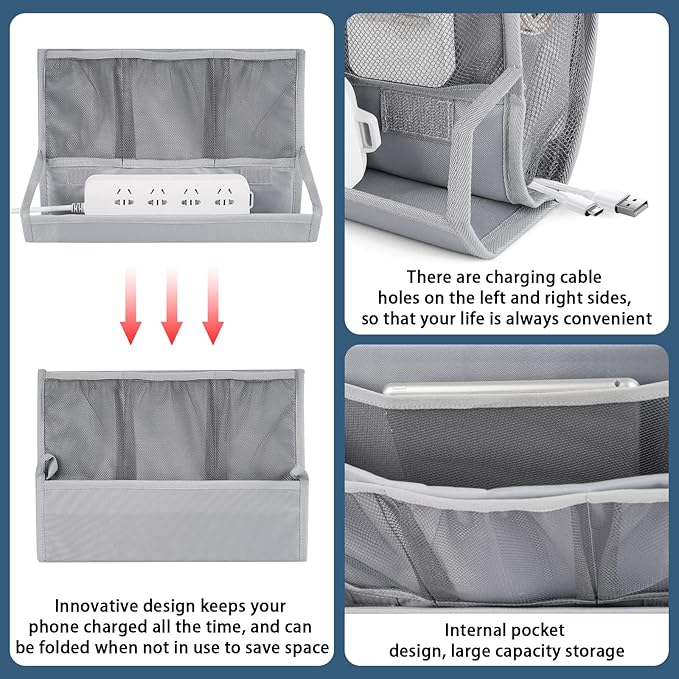 Bedside Caddy Bedside Storage Organizer Bedside Organizer with Power Strip Holder and 2 Adjustable Straps for Home Bunk Bed College Dorm Sofa (2 Pack Light Gray)-NeatNest