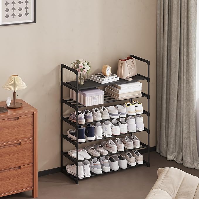 Calmootey 6-Tier Shoe Rack, Tall Large Capacity 30 Pairs Shoes Storage Organizer, Stackable Wide Shoe Shelf for Entryway, Hallway, Black-NeatNest