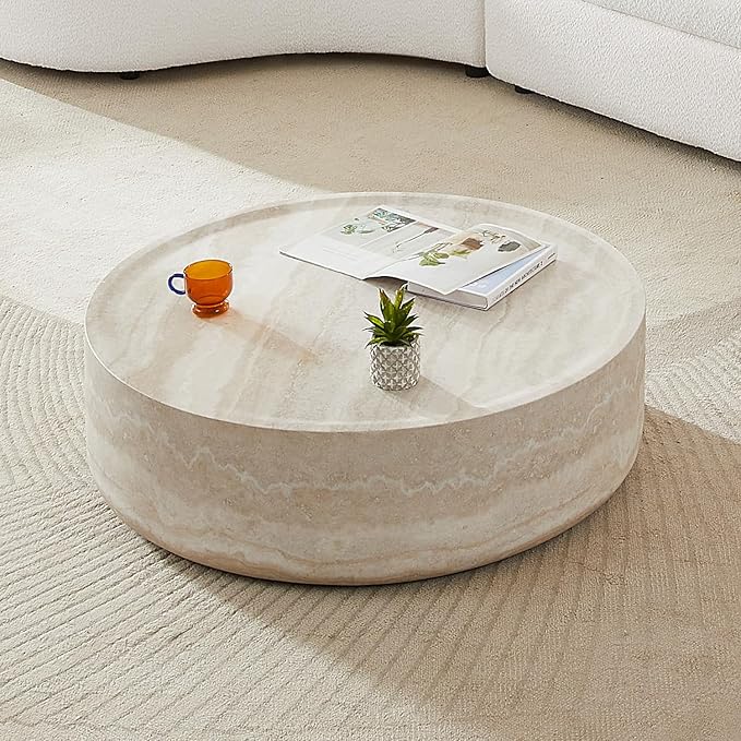 kevinplus ø35.4'' Round Stone Coffee Table for Living Room, Modern Drum Circle Faux Concrete Marble Coffee Table, Fiber Glass Material, No Assembly (Mars Texture, ø35.4'' x 11.8'')
