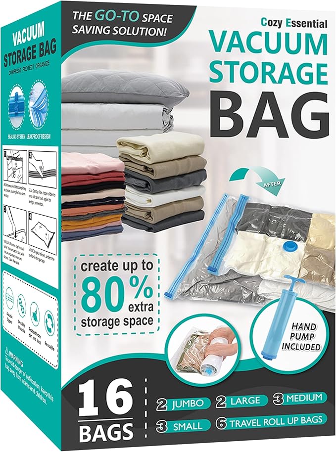 16 Pack Vacuum Storage Bags, Space Saver Bags (2Jumbo/2Large/3Medium/3Small/6Roll) Compression Storage Bags for Comforters and Blankets, Vacuum Sealer Bags for Clothes Storage, Hand Pump Included-NeatNest