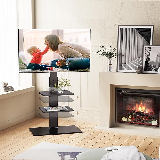 FITUEYES Swivel Floor TV Stand with Mount for TVs 37 43 50 55 60 65 70 75 Inch LCD LED Flat/Curved Screens Universal Swivel Televisions TV Mount Stand for Bedroom Living Room Black Tempered Glass Base-NeatNest