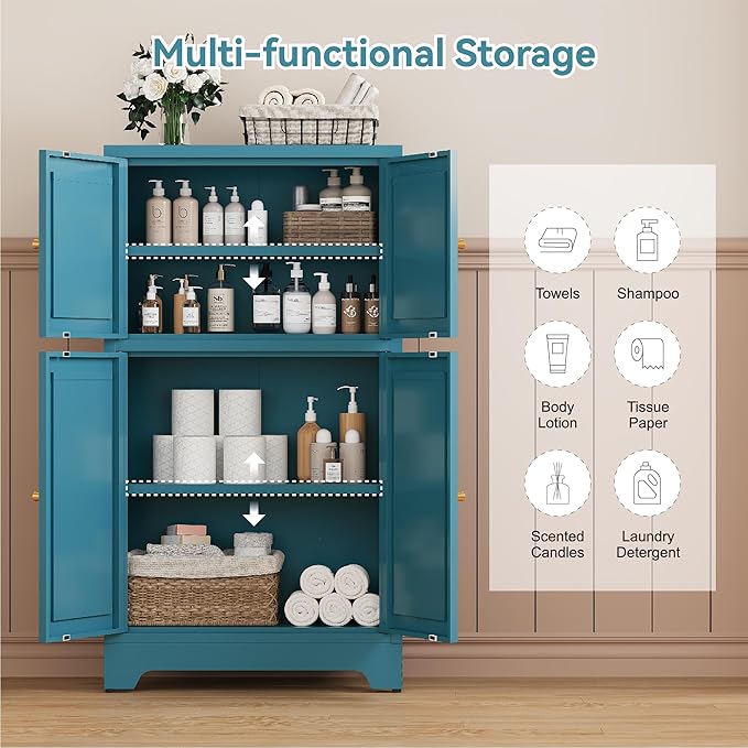 Bathroom Floor Storage Cabinet, Freestanding Accent Cabinets with 4 Doors and 2 Adjustable Shelves,Teal Blue Metal Locker Cabinets for Restroom, Kitchen,Living Room,Hallway