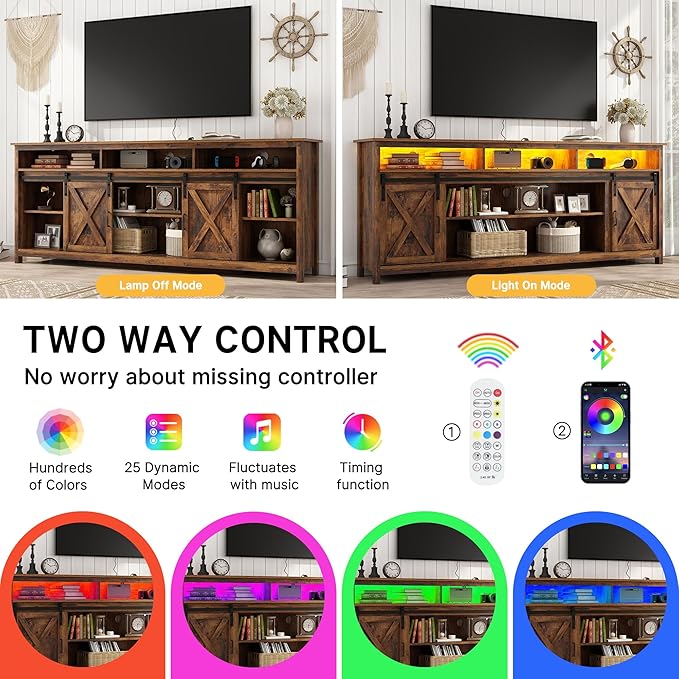 80in Wooden Farmhouse Entertainment Center for 90/85 inch TV,Double Layer Storage Farmhouse TV Stand,Double-Row Sockets with Wood Sliding Barn Door TV Stand(Double Layer Vintage Brown)-NeatNest