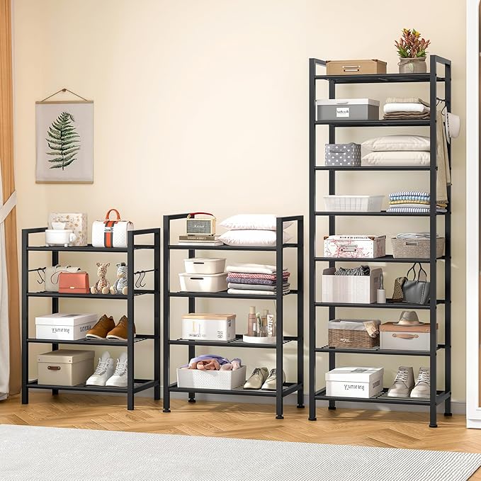 usikey 8 Tiers Narrow Shoe Rack 16-24 Pairs, Sturdy Metal Tall Shoe Rack with 4 Hooks, Slim Shoe Storage Organizer with Metal Shelf, Space Saving Vertical Shoe Shelf for Entryway, Closets, Black-NeatNest