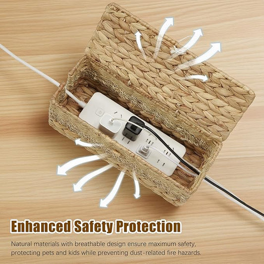Cable Organizer Box Handmade Wicker Rattan Cable Management Box Adapter Power Strips Outlet Router Cord Hider Cover Under Desk Electrical Wire Storage Organizer with Lid (Natural, Medium)-NeatNest