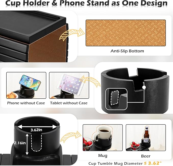 Couch Cup Holder Tray, 15.75" Bamboo Cup Holder for Couch, 3 in 1 Foldable Arm Chair Clip on Side Tray Table for Remote Snack Table on Armrest-NeatNest