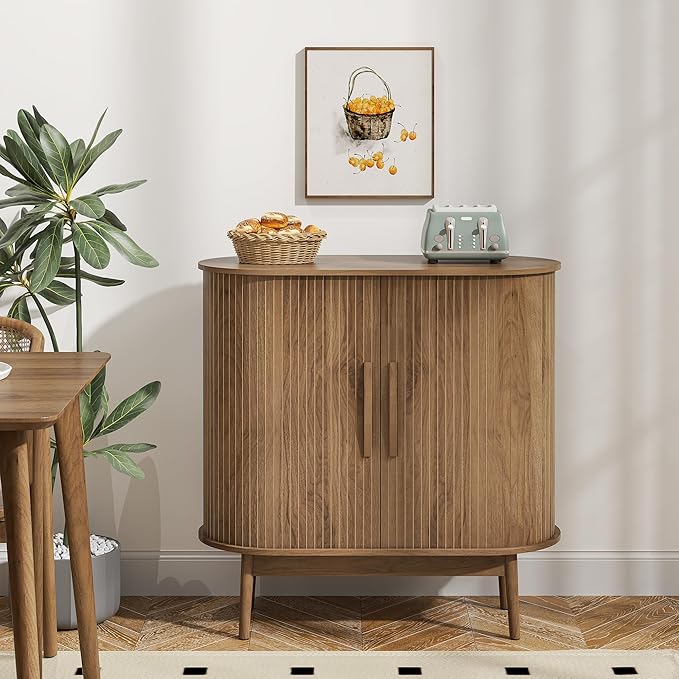Accent Small Storage Cabine, Buffet Cabinet with Storage, Mid Century Modern Sliding Door Sideboard Cabinet for Kitchen, Entryway (Walnut)