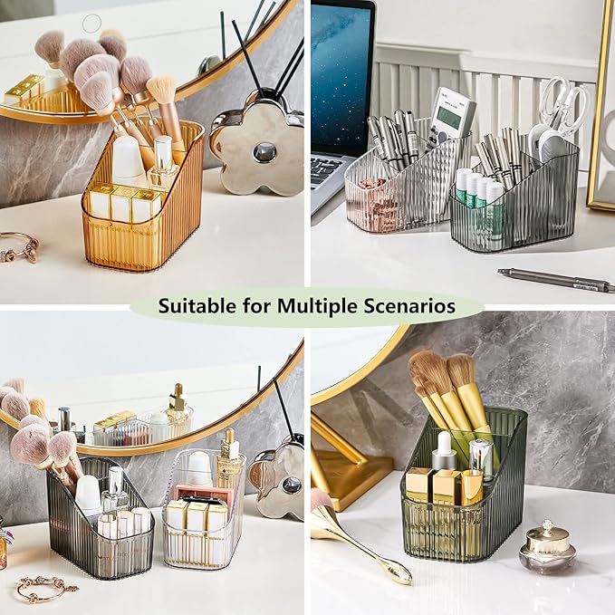 DASITON Large Capacity Makeup Brush Holder,3 Slot Makeup Brush Cup,Vintage striped Make Up Brush Holder,for Vanity Decor,Bathroom Countertops,Desk Storage Container,Cosmetic Display cases(Amber-S)-NeatNest