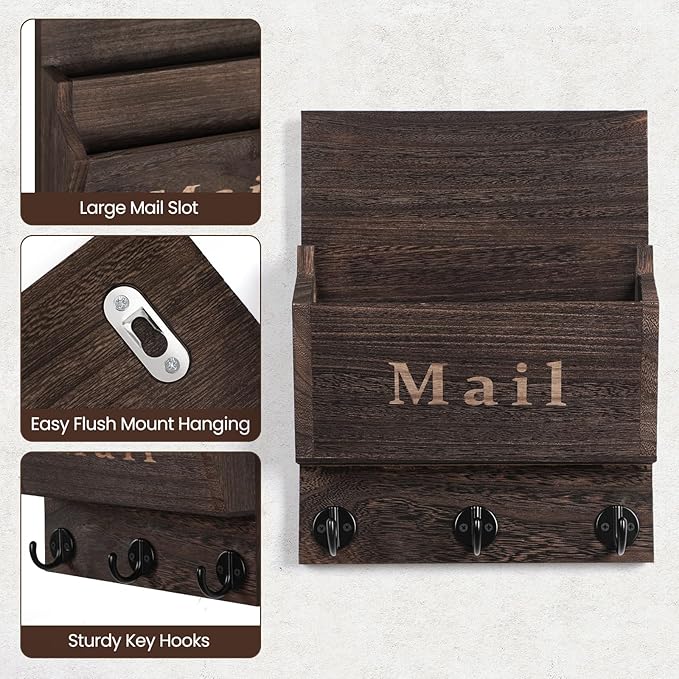 Mail and Key Holder - Decorative 9.8" x 12.5" Wall Key Hanger with 2 Mail Organizer Slots and 3 Hooks - Real Paulownia Wood with Keyhole Brackets, Hardware and Instructions (Brown)