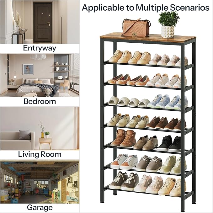 8 Tier Tall Shoe Rack, Large-Capacity Shoe Storage Organizer, Free Standing Shoe Shelf for Closet, Adjustable Metal Shoe Racks Organizer for 32 Pairs of Shoes, Rustic Brown and Black SS78BR-NeatNest