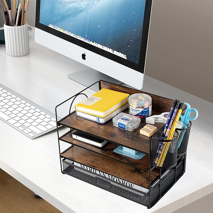 4 Tier Desk Organizers and Accessories, Paper Letter Tray Organizer,Vintage Wood Desk File Organizer with Drawer and 2 Pen Holders for School Home Office Supplies