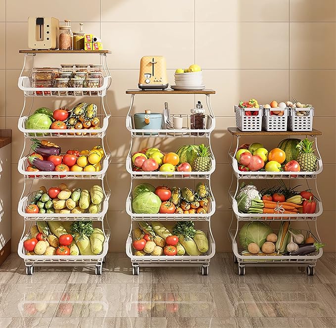 MURRI&MURRDI Fruit Vegetable Storage Basket with Wooden Lid, 6 Tier Stackable Storage Baskets with Wheels Produce Basket Organizer for Kitchen Rolling Rack Storage Cart for Pantry (White 6 Layer)