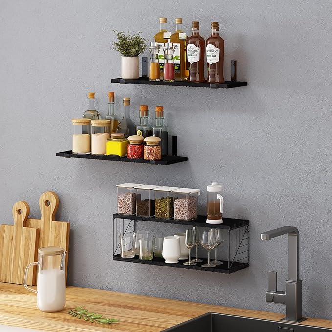 Fixwal 3+1 Tier Bathroom Floating Shelves Over Toilet, 15.8in Farmhouse Rustic Wood Shelves, Wall Decor for Bathroom, Living Room,Bedroom and Kitchen (Black)-NeatNest