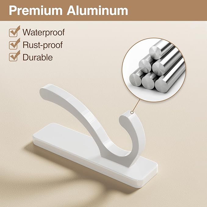 Adhesive Wall Hooks for Towels Coats - Stick On Hooks Hanging Heavy Duty (13lb), Metal Hook for Door, Bathroom, Dorm, Closet - Hanger for Purse, Bag, Robe,Backpack - No Damage to Wall - White 4 Pack