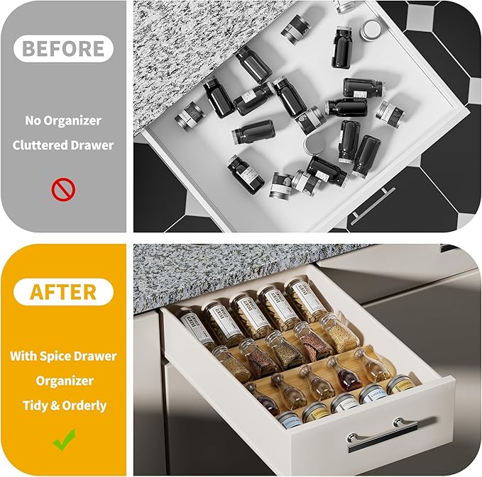 Bamboo Spice Drawer Organizer - 4 Pack 13"x4.7"x1.6" Spice Rack Tray - Spice Jars Drawers Insert - Seasoning Organizer for Drawers/Countertop (Jars not included)…-NeatNest