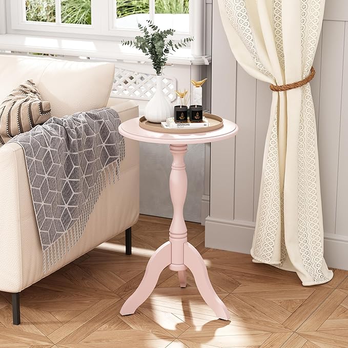 HLR Round Small End Table, Wooden Pedestal Side Coffee Tables, Vintage Accent Nightstand for Living Room, Bedroom, Entryway (1, Pink)