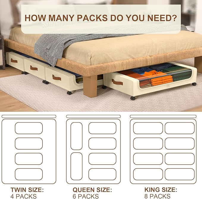 GoMaihe Under Bed Storage with Wheels: XXL Underbed Storage Containers with Lids - Rolling Bins for Shoes Clothes in Dorm Bedroom - Metal Drawers Easy Pull-out Beige 4-Pack-NeatNest