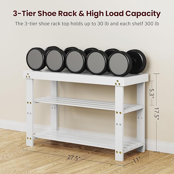 Bamboo Shoe Bench, 3-Tier Shoe Rack, Entryway Bench with Cushion and Adjustable Shelves, Shoe Rack for Entryway, Hallway, Mudroom and Living Room, White