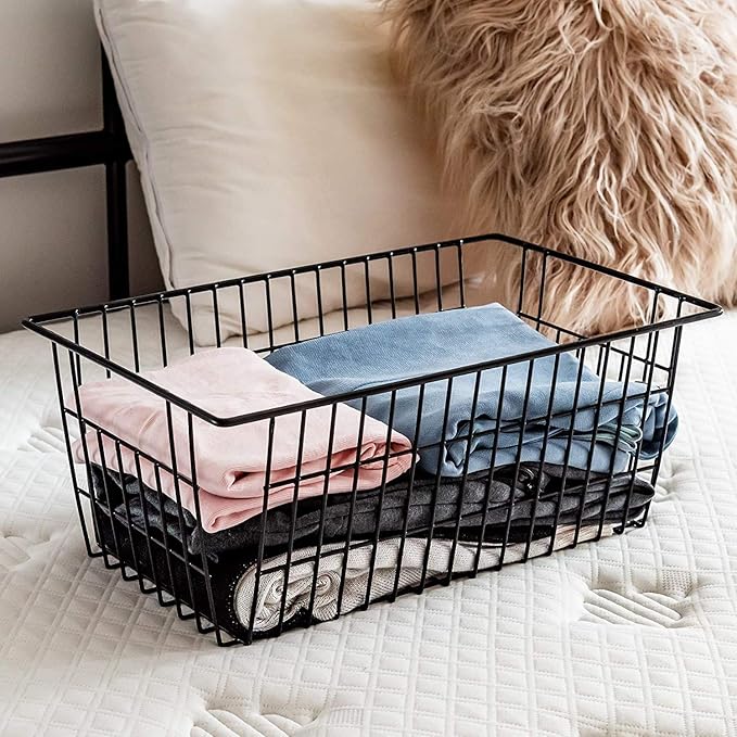 Farmhouse Wire Organizer Storage Bins Durable Metal Basket Pantry Large Organizing Storage Bin Baskets for Kitchen Cabinets, Pantry, Freezer, Bathroom,Closets-Set of 6-Black