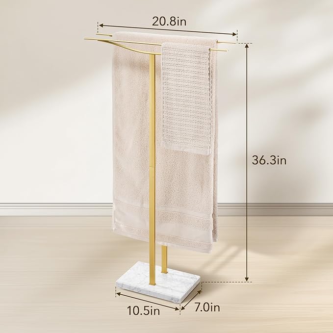 Bathroom Towel Rack Freestanding Floor Stand: Gold 36in 2‑Bar Weighted Marble Base Towel Holder, Rustproof 304 Stainless Steel Drying Rack for Bath&Hand Towels, No‑Drill Slim Organizer, Spa Pool