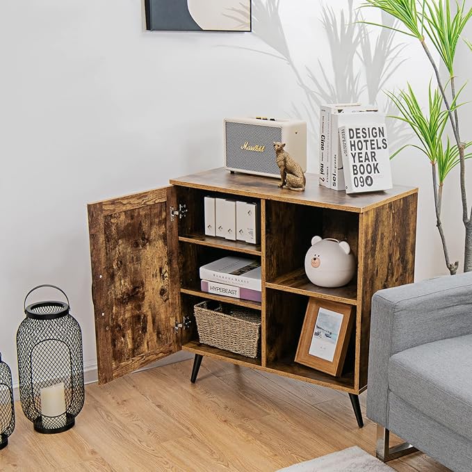 Giantex Mid-Century Storage Cabinet, Buffet Sideboard with Single Door & Adjustable Shelves, Free-Standing Cupboard, Wooden Accent Side Cabinet for Living Room, Rustic Brown