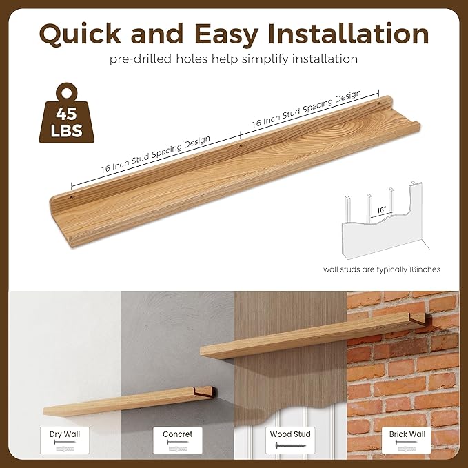 Floating Shelves for Wall 36 Inch | Picture Ledge Shelf Set of 2 | Solid Ash Wood Floating Shelves with Lip | Natural Wood Picture Shelf for Wall with Ledge | Photo Ledge Shelves-NeatNest